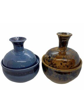 Art Pottery Signed Peter LOT 2 Brown Blue Oil Lamp Double Wick